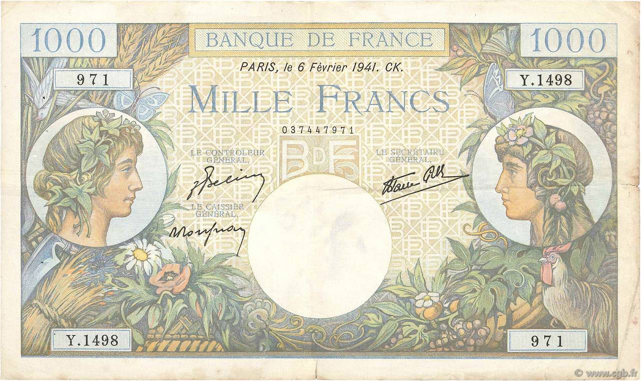 1000 Francs COMMERCE ET INDUSTRIE FRANCE 1941 F.39.04 pr.TTB