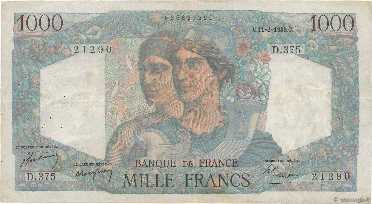 1000 Francs MINERVE ET HERCULE FRANCE 1948 F.41.19 TB