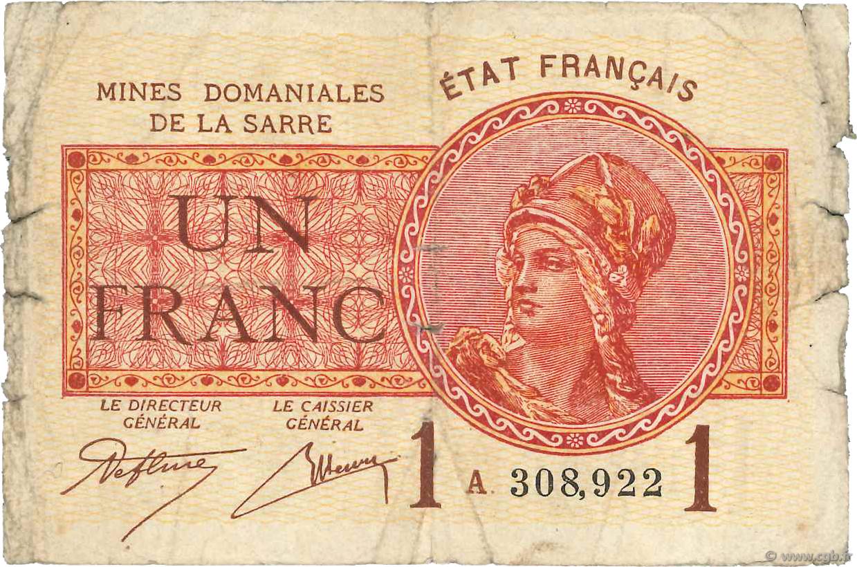 1 Franc MINES DOMANIALES DE LA SARRE FRANCE 1920 VF.51.01 AB