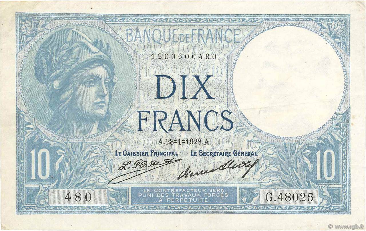 10 Francs MINERVE FRANCE 1928 F.06.13 TTB