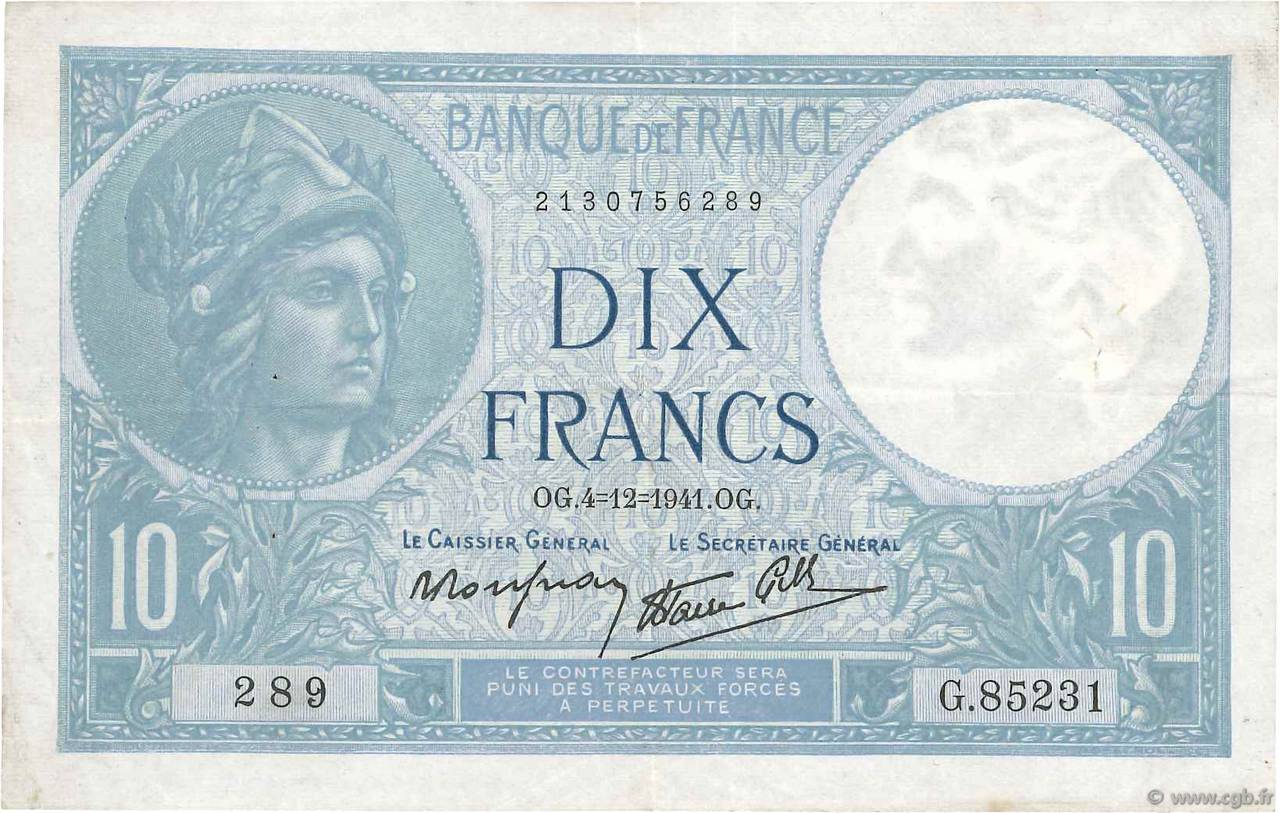 10 Francs MINERVE modifié FRANCE 1941 F.07.30 TTB