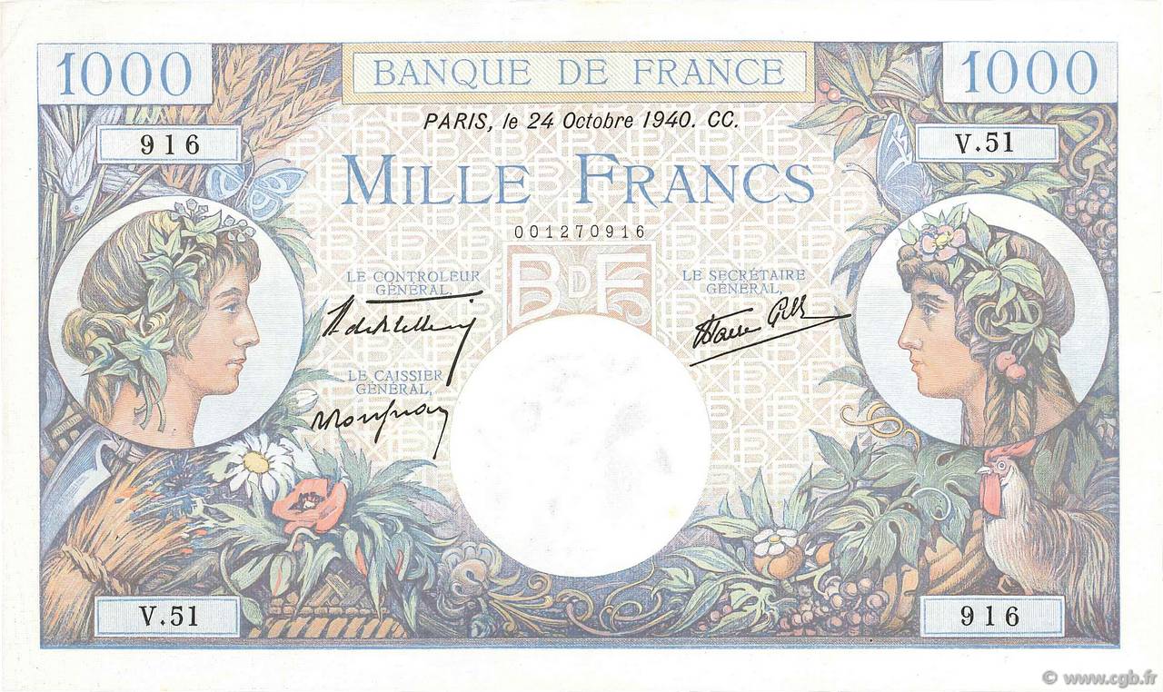1000 Francs COMMERCE ET INDUSTRIE FRANCE 1940 F.39.01 TTB+
