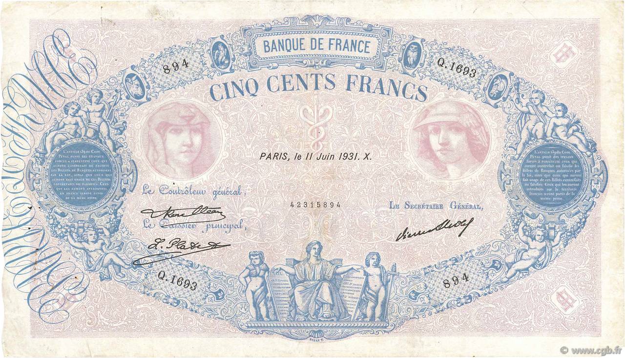 500 Francs BLEU ET ROSE FRANCE 1931 F.30.34 TB