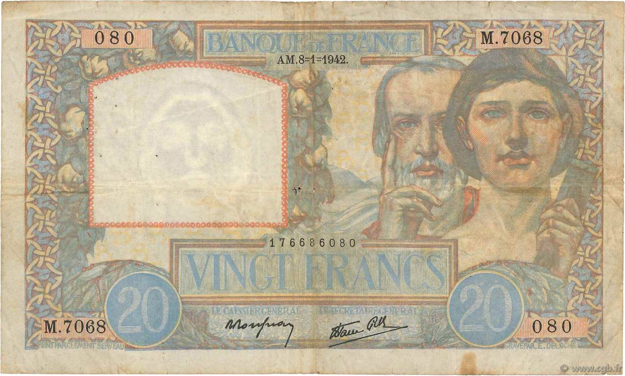 20 Francs TRAVAIL ET SCIENCE FRANCE 1942 F.12.21 pr.TB