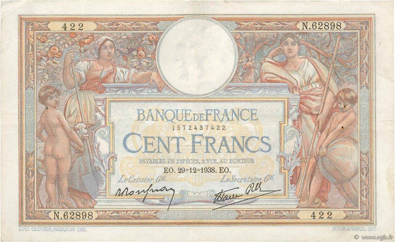 100 Francs LUC OLIVIER MERSON type modifié FRANCE 1938 F.25.37 TTB