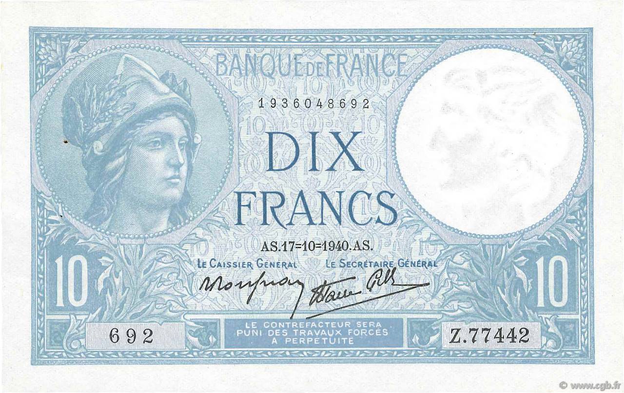 10 Francs MINERVE modifié FRANCE 1940 F.07.17 pr.SPL