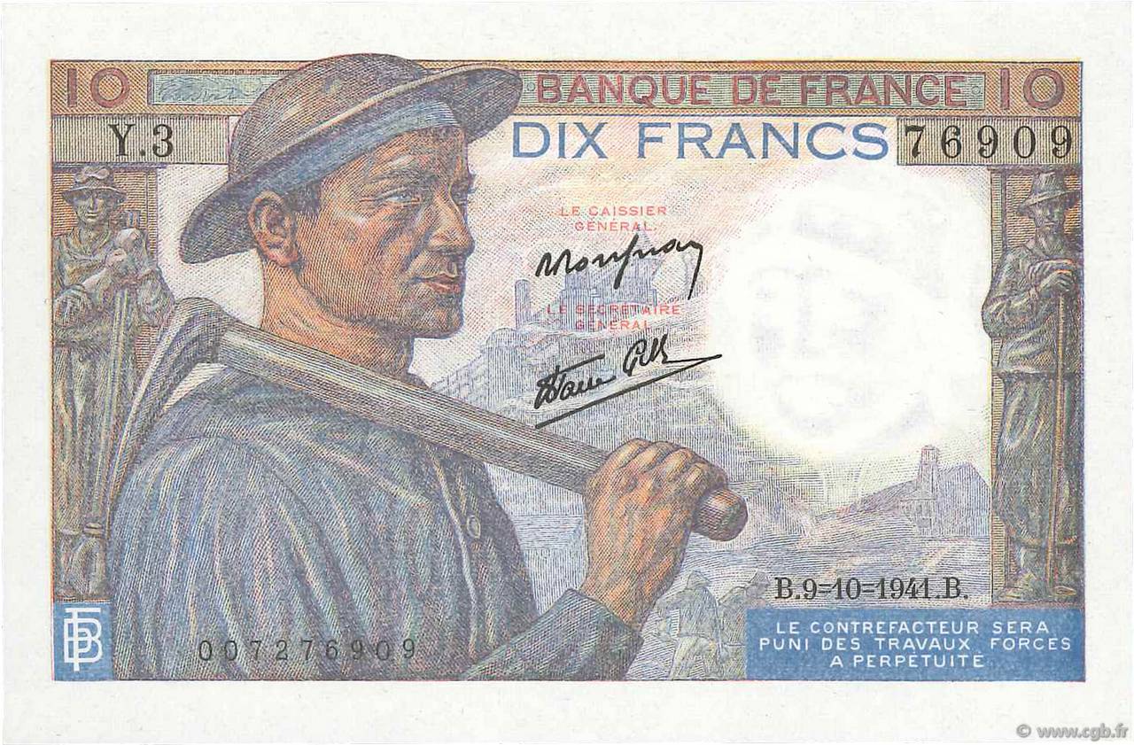10 Francs MINEUR FRANCE 1941 F.08.02 UNC