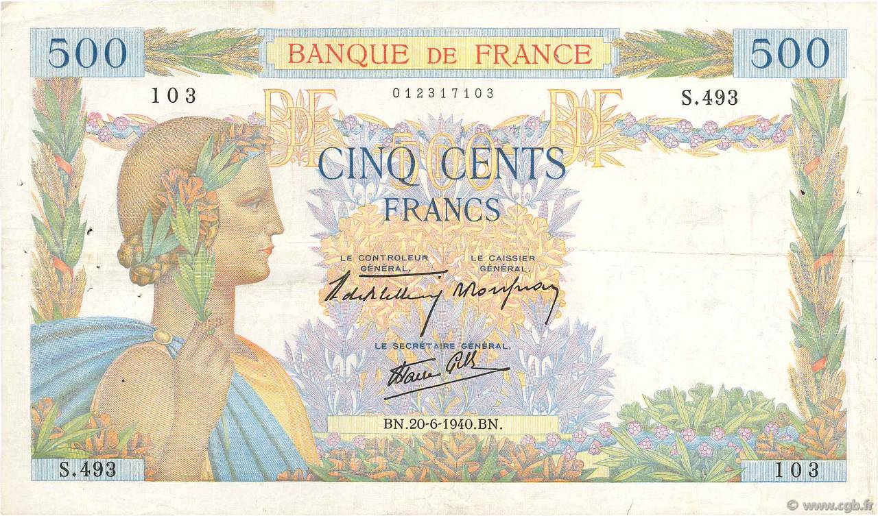 500 Francs LA PAIX FRANCE 1940 F.32.03 TB+