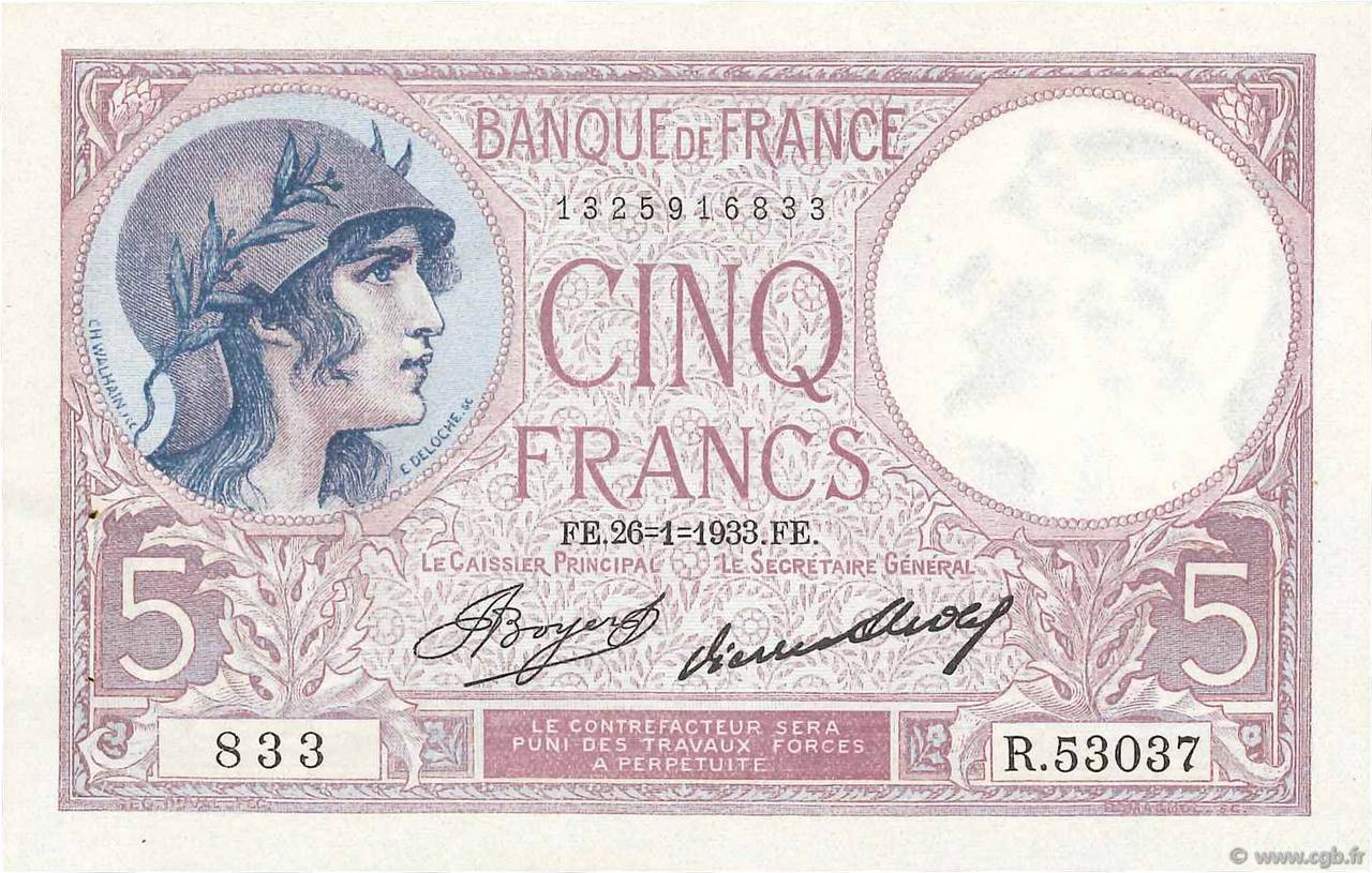 5 Francs FEMME CASQUÉE FRANCE 1933 F.03.17 SPL