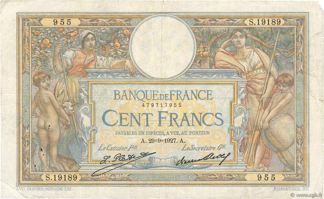 100 Francs LUC OLIVIER MERSON grands cartouches FRANCE 1927 F.24.06 TB