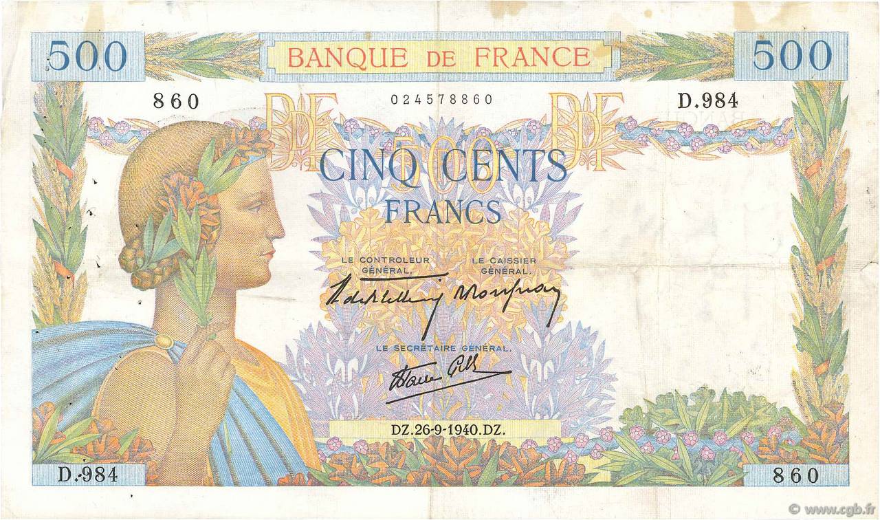 500 Francs LA PAIX FRANCE 1940 F.32.06 TB