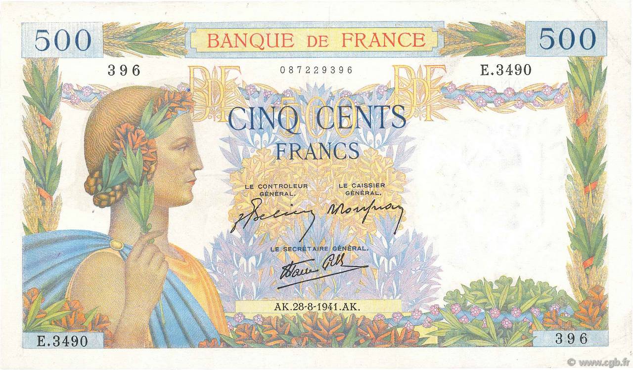 500 Francs LA PAIX FRANCE 1941 F.32.21 TTB