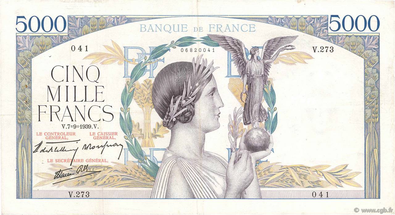 5000 Francs VICTOIRE Impression à plat FRANCE 1939 F.46.09 pr.TTB