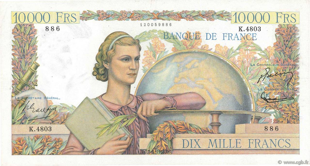 10000 Francs GÉNIE FRANÇAIS FRANCE 1953 F.50.65 TTB