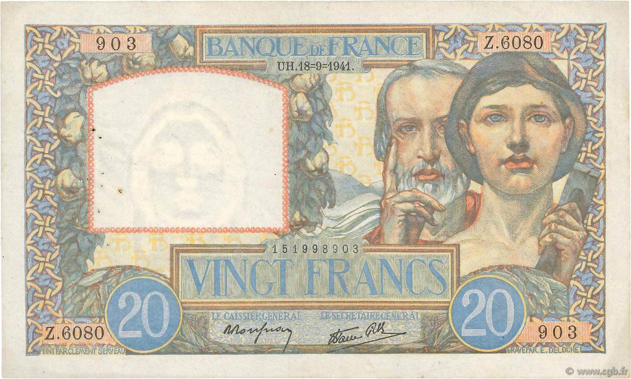 20 Francs TRAVAIL ET SCIENCE FRANCE 1941 F.12.18 TTB