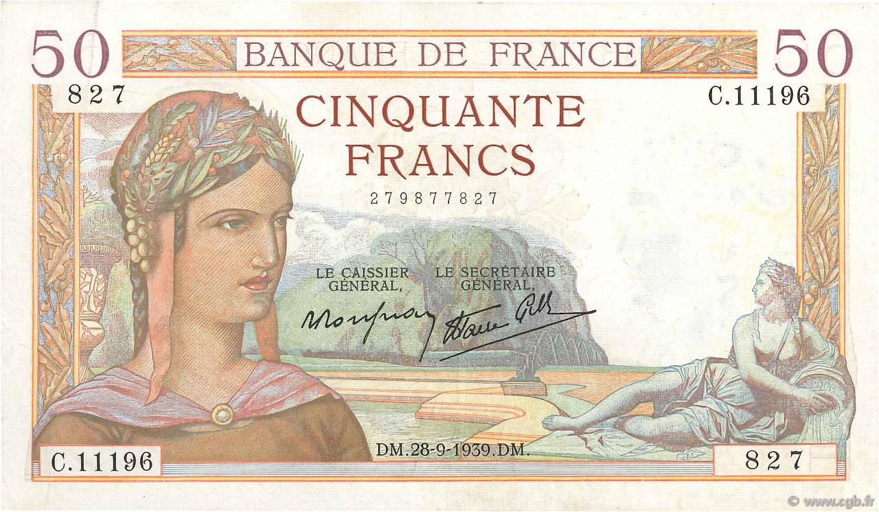50 Francs CÉRÈS modifié FRANCE 1939 F.18.32 TTB