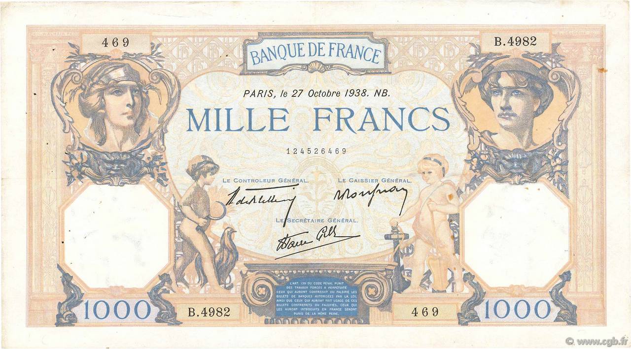 1000 Francs CÉRÈS ET MERCURE type modifié FRANCE 1938 F.38.31 TB
