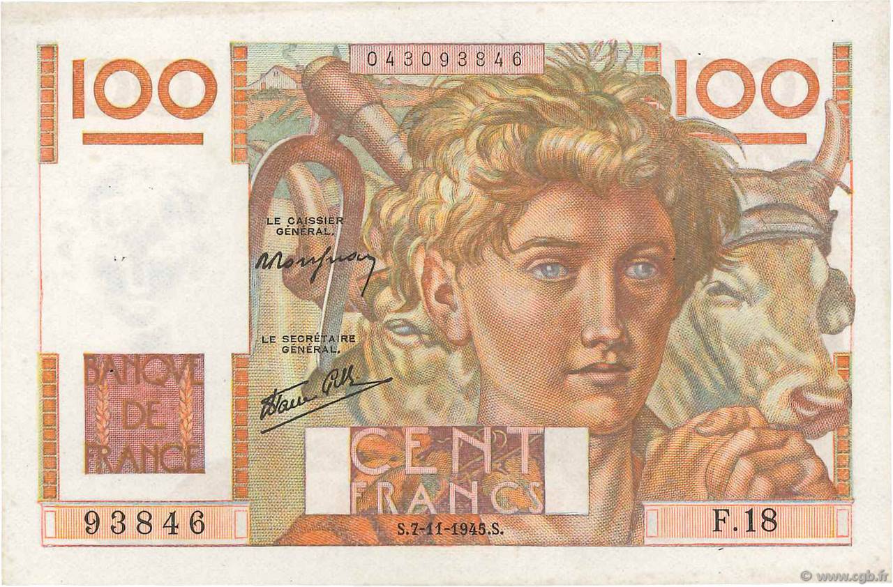 100 Francs JEUNE PAYSAN FRANCE 1945 F.28.01 pr.SPL