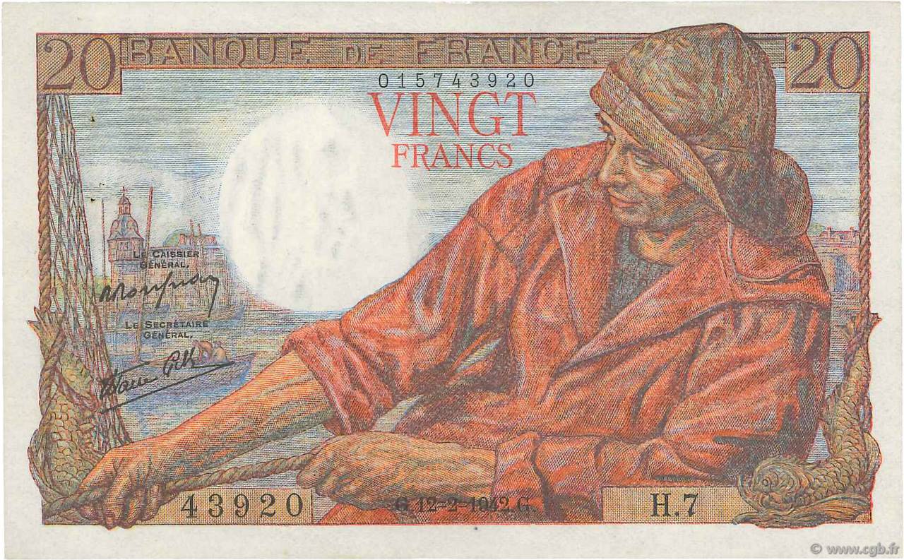 20 Francs PÊCHEUR FRANCE 1942 F.13.01 SUP