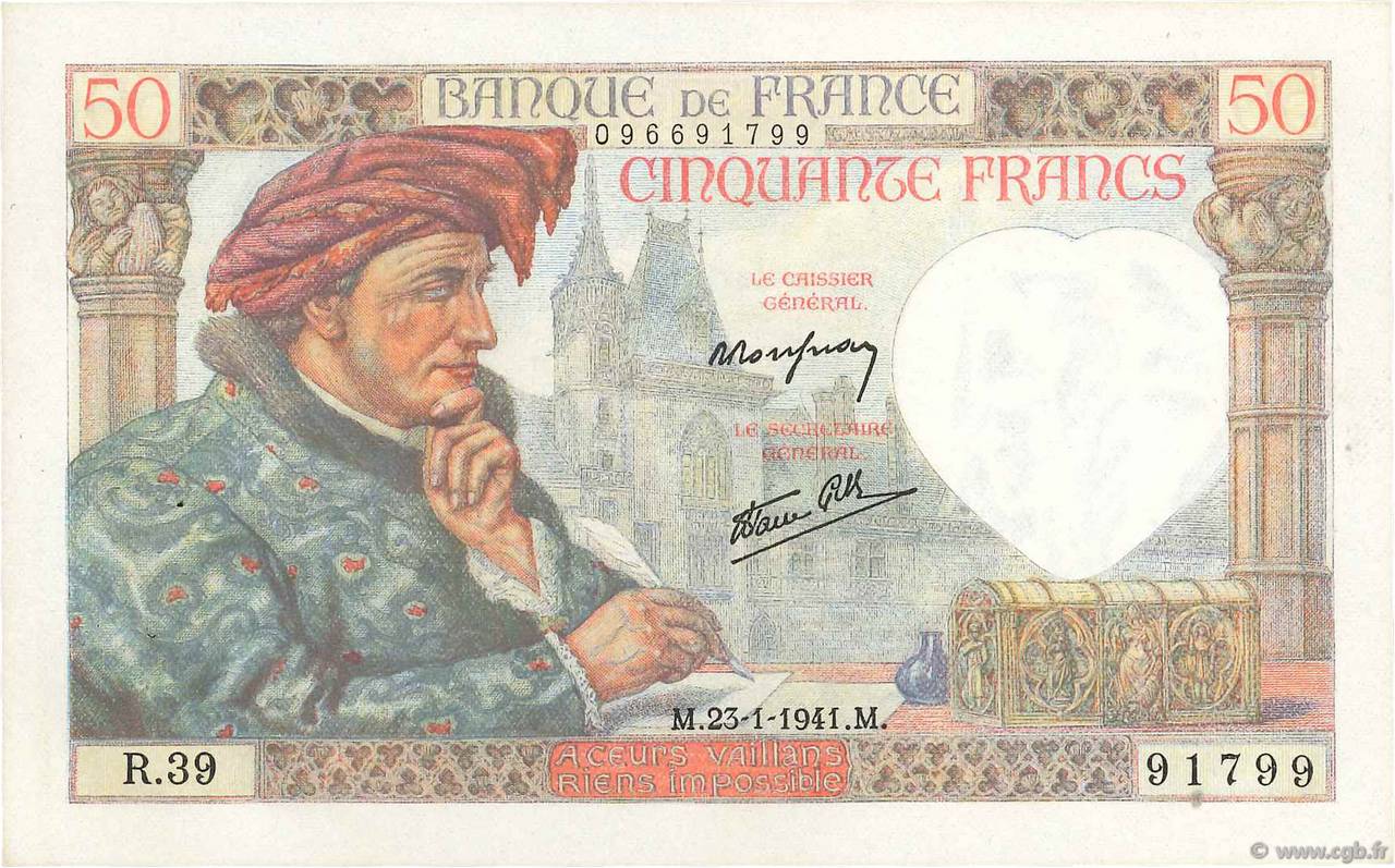 50 Francs JACQUES CŒUR FRANCE 1941 F.19.05 SPL