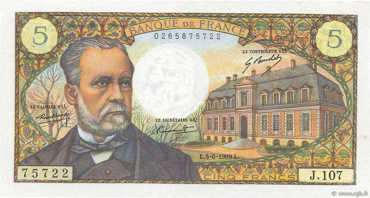 5 Francs PASTEUR FRANCE 1969 F.61.10 SUP
