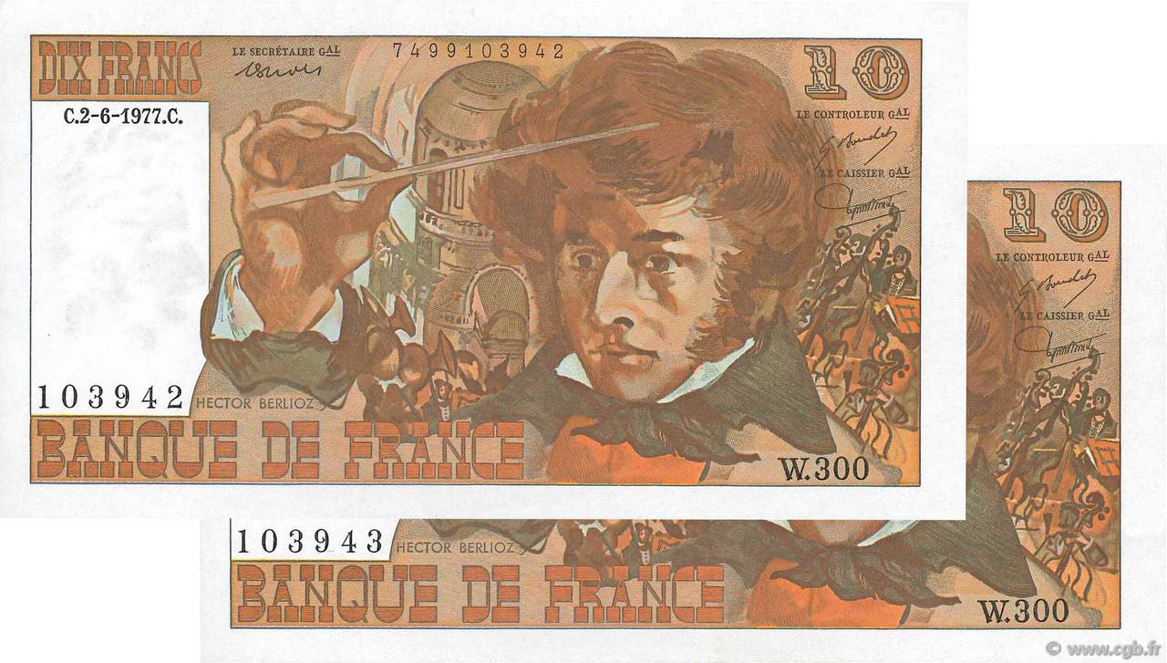 10 Francs BERLIOZ Consécutifs FRANCE 1977 F.63.22 SUP+