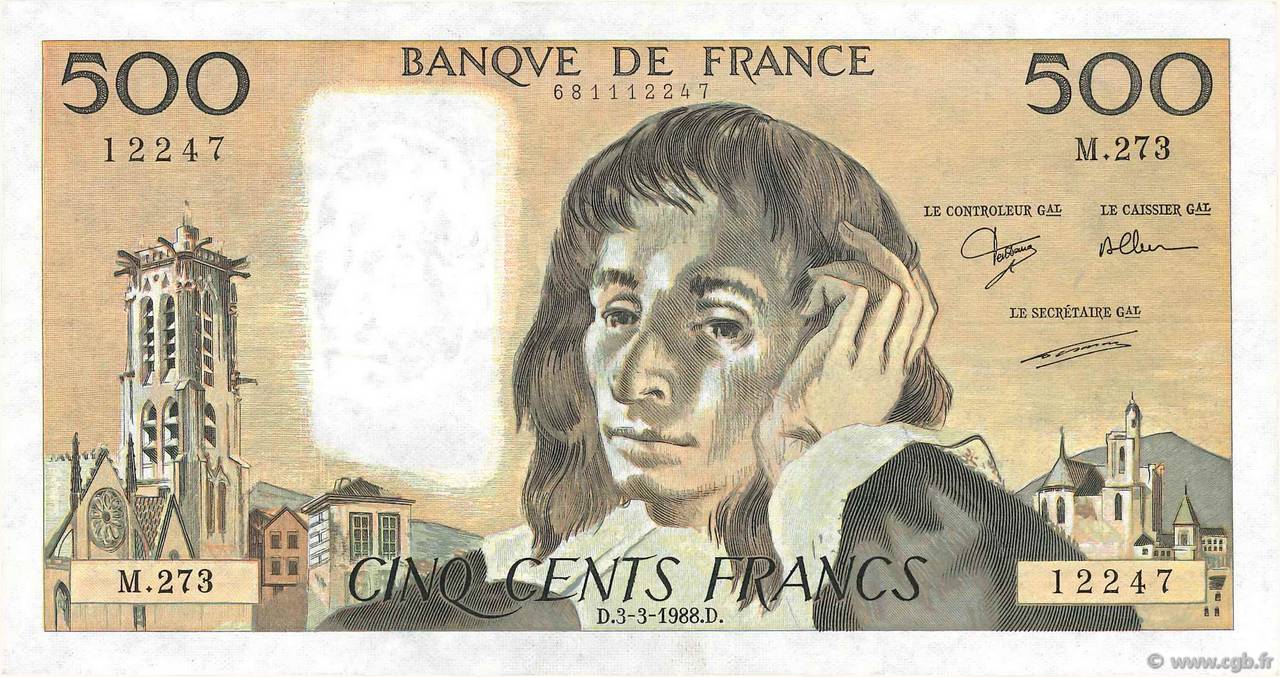 500 Francs PASCAL FRANCE 1988 F.71.38 pr.TTB
