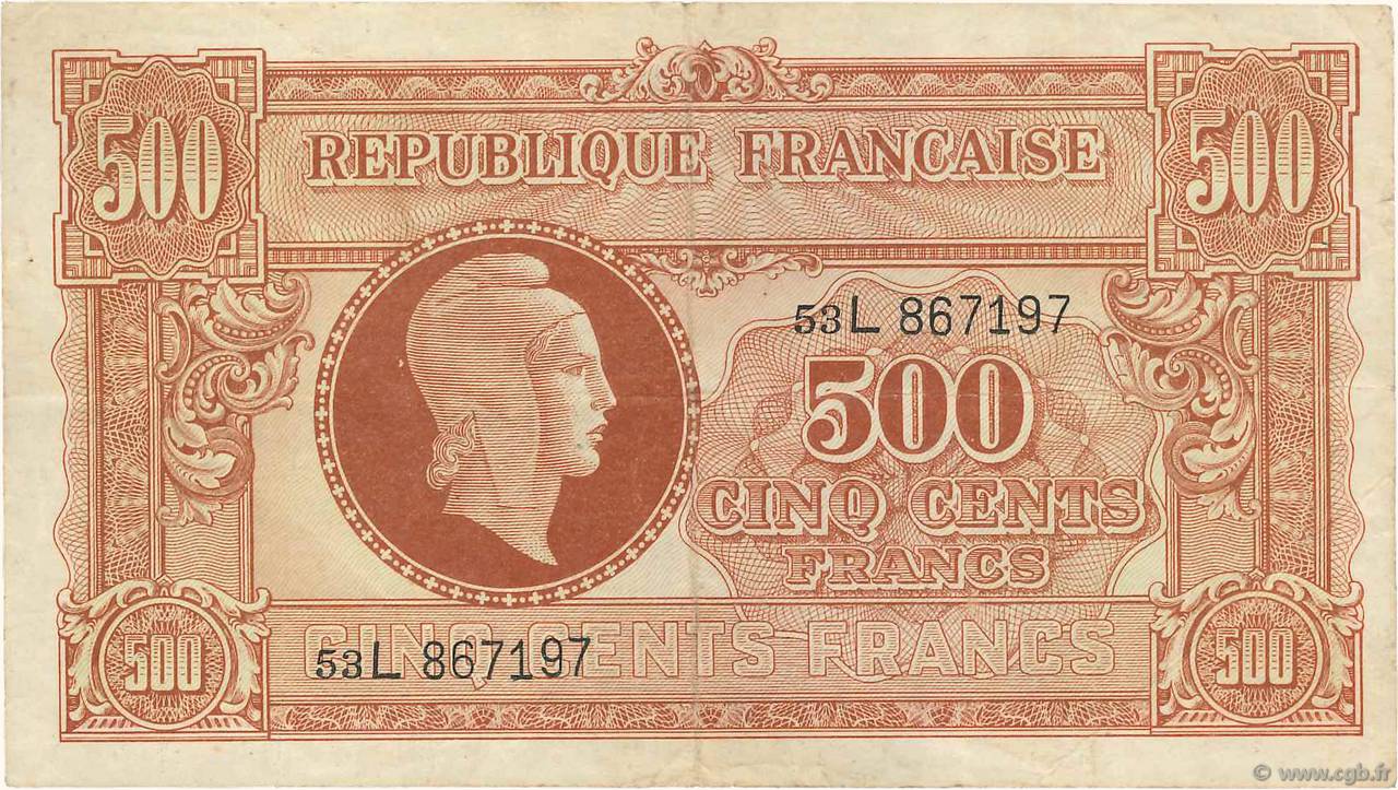500 Francs MARIANNE fabrication anglaise FRANCE 1945 VF.11.01 TB