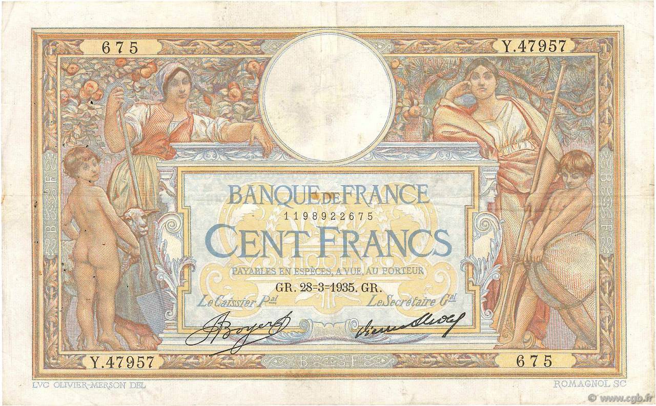 100 Francs LUC OLIVIER MERSON grands cartouches FRANCE 1935 F.24.14 TB