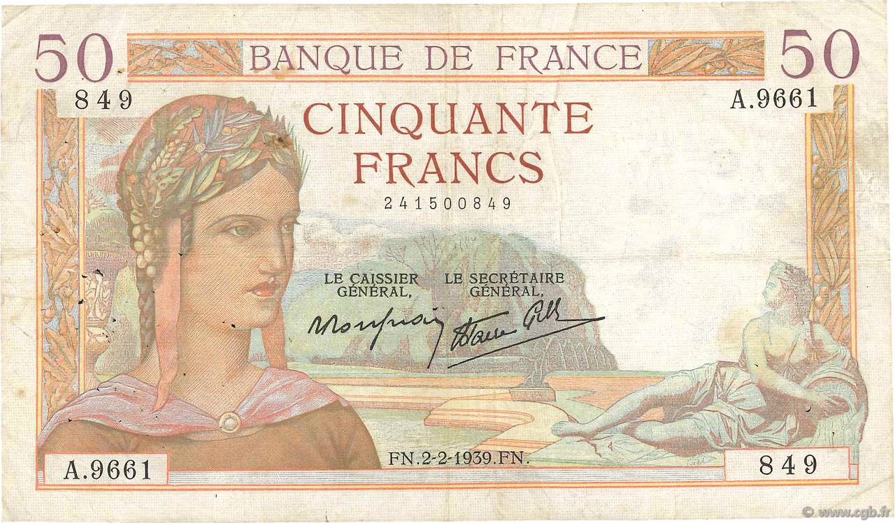 50 Francs CÉRÈS modifié FRANCE 1939 F.18.21 TB