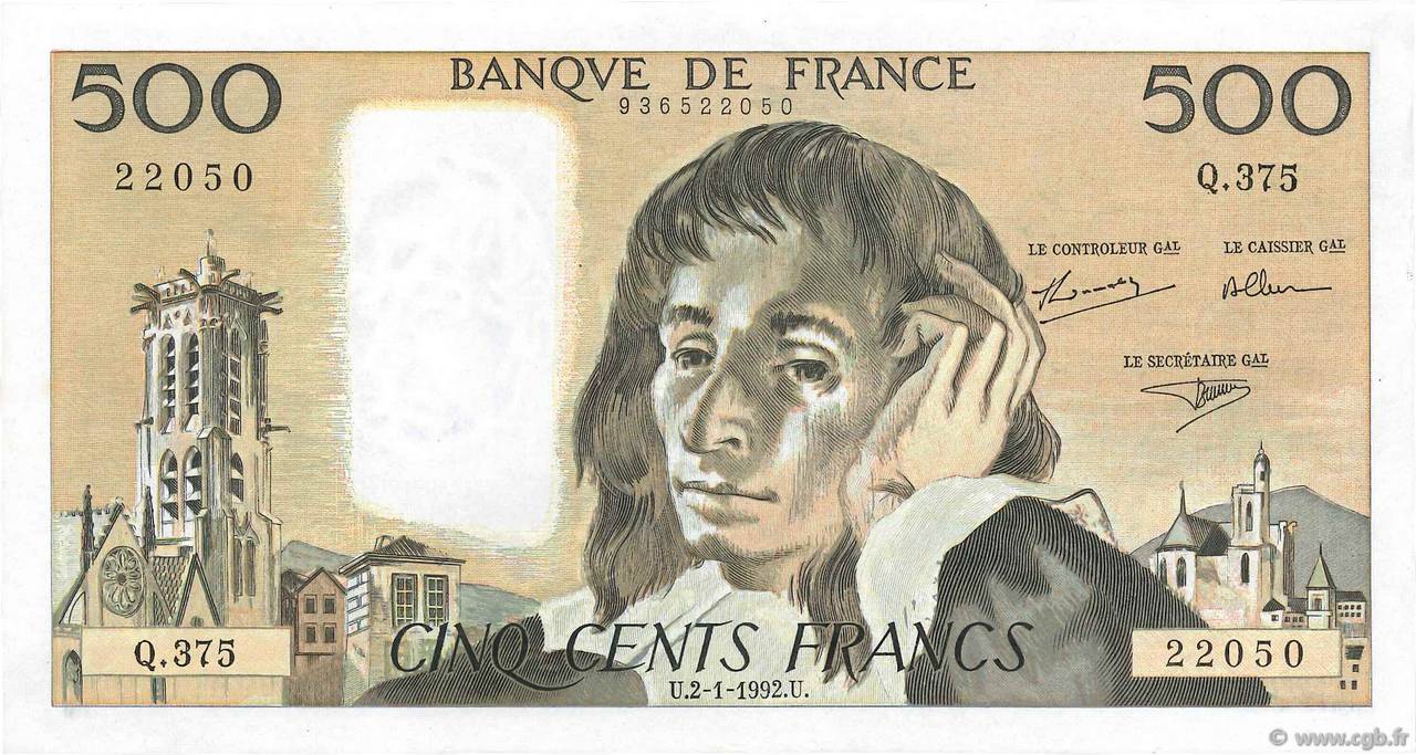 500 Francs PASCAL FRANCE 1992 F.71.49 pr.SUP