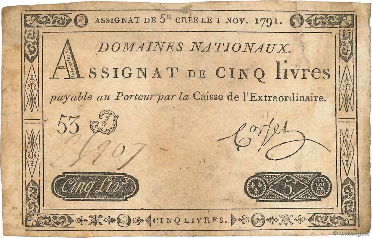 5 Livres FRANCE 1791 Ass.20a TB