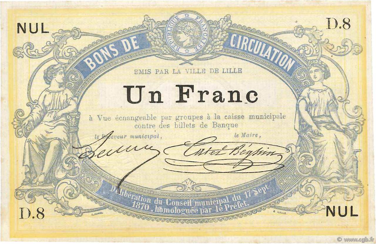 1 Franc Non émis FRANCE régionalisme et divers Lille 1870 JER.59.40A SPL