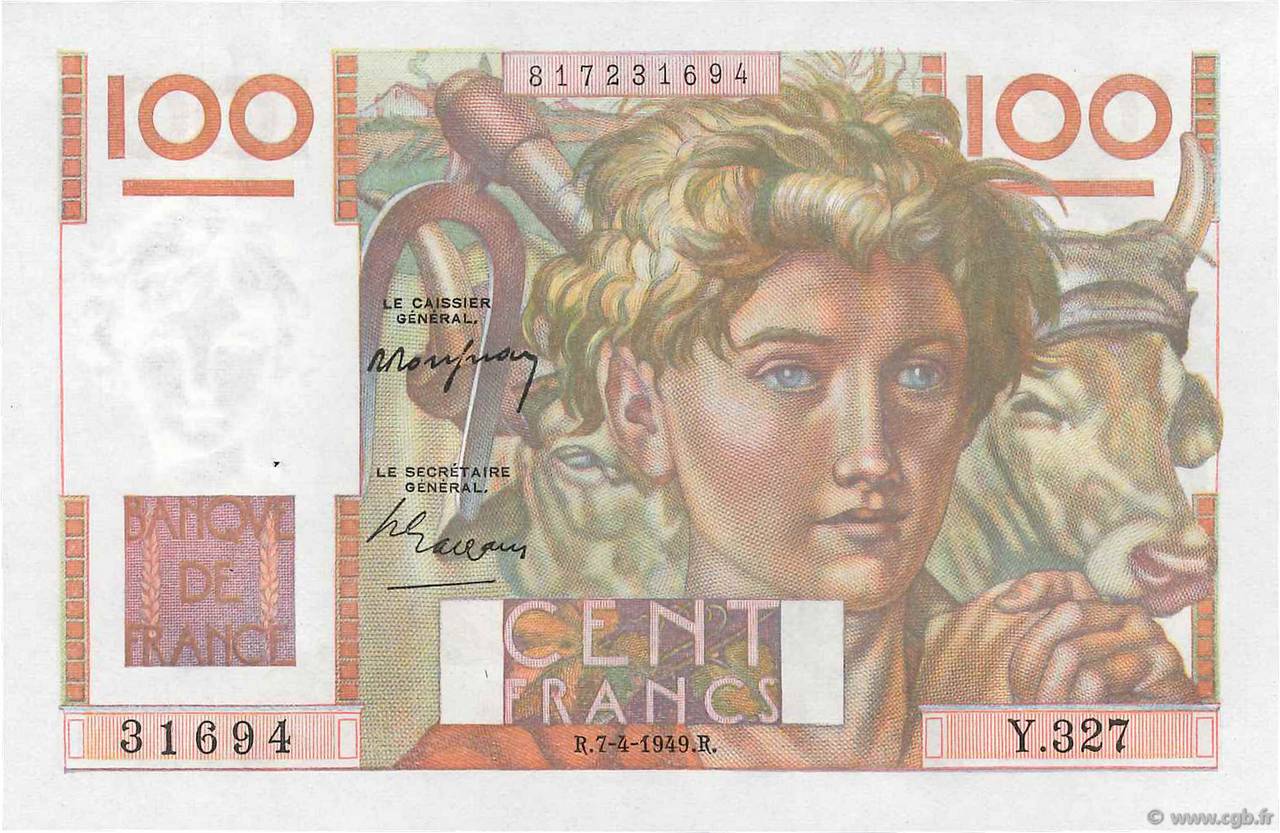 100 Francs JEUNE PAYSAN FRANCE 1949 F.28.23 SUP+