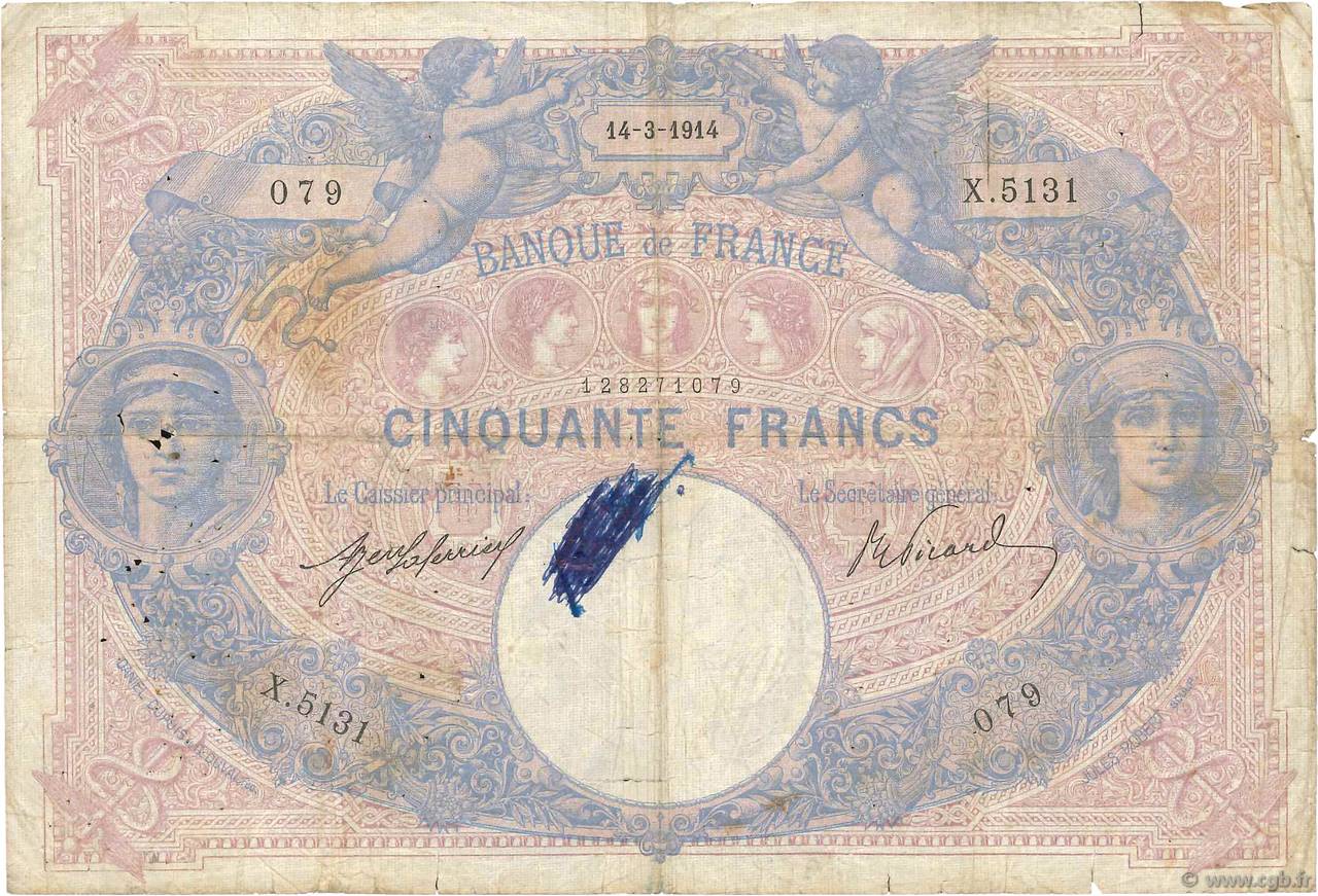 50 Francs BLEU ET ROSE FRANCE 1914 F.14.27 B