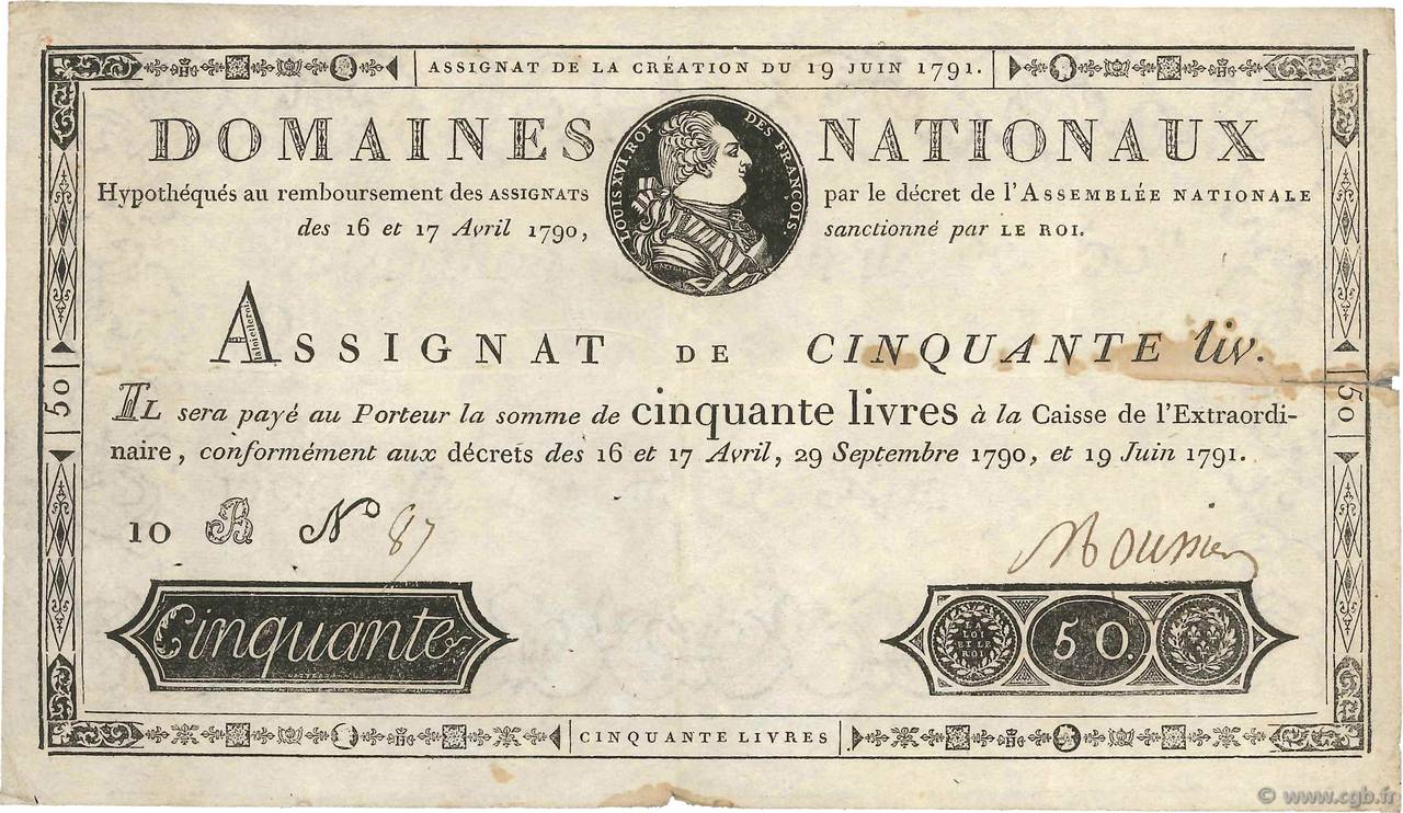 50 Livres FRANCE 1791 Ass.13a pr.TB