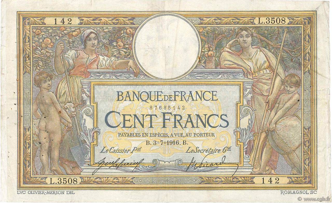 100 Francs LUC OLIVIER MERSON sans LOM FRANCE 1916 F.23.08 pr.TB