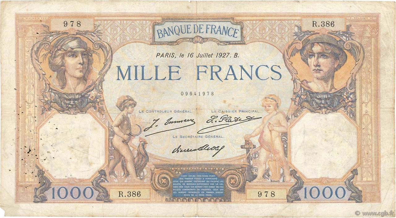 1000 Francs CÉRÈS ET MERCURE FRANCE 1927 F.37.01 B