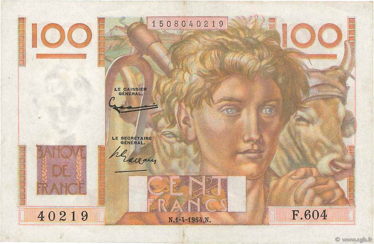 100 Francs JEUNE PAYSAN FRANCE 1954 F.28.43 SUP