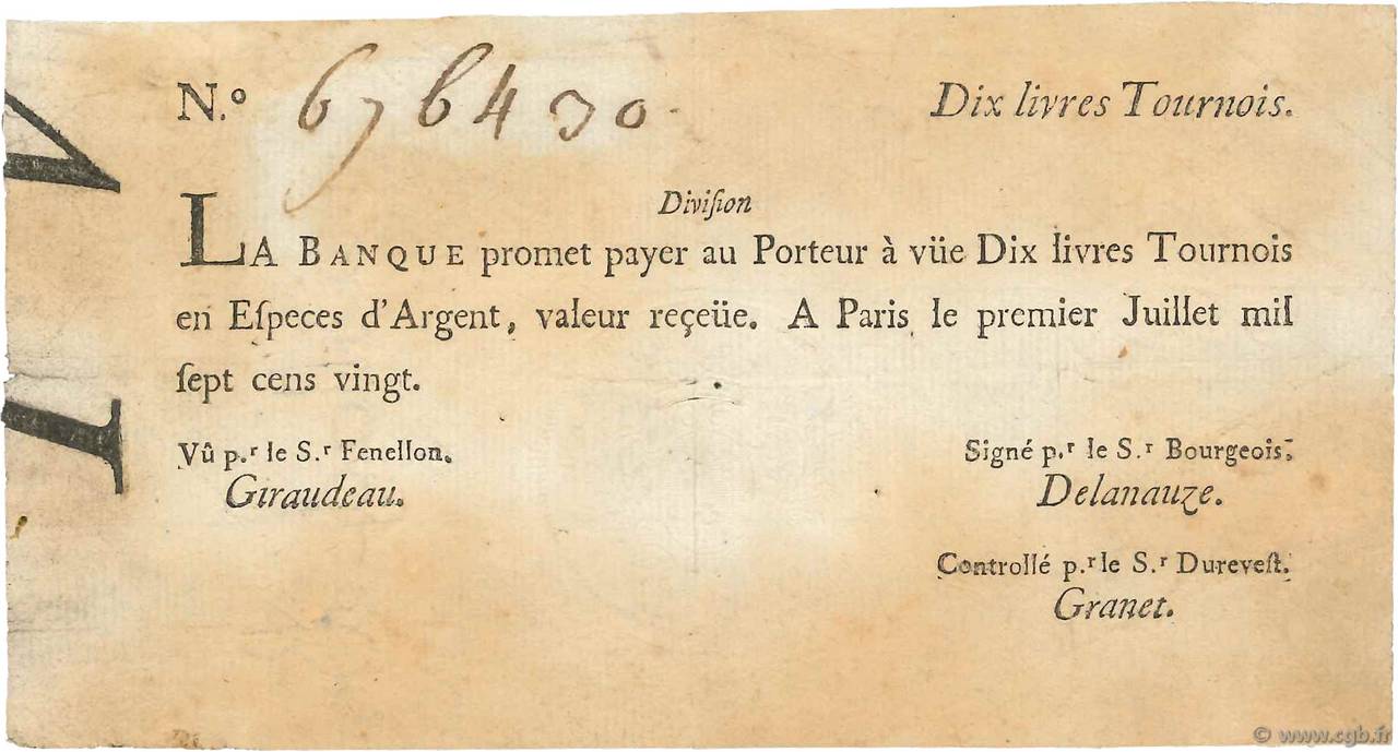 10 Livres Tournois typographié FRANCE 1720 Dor.22 TB