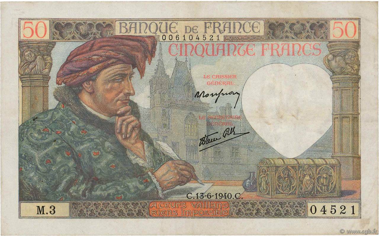 50 Francs JACQUES CŒUR FRANCE 1940 F.19.01 TTB