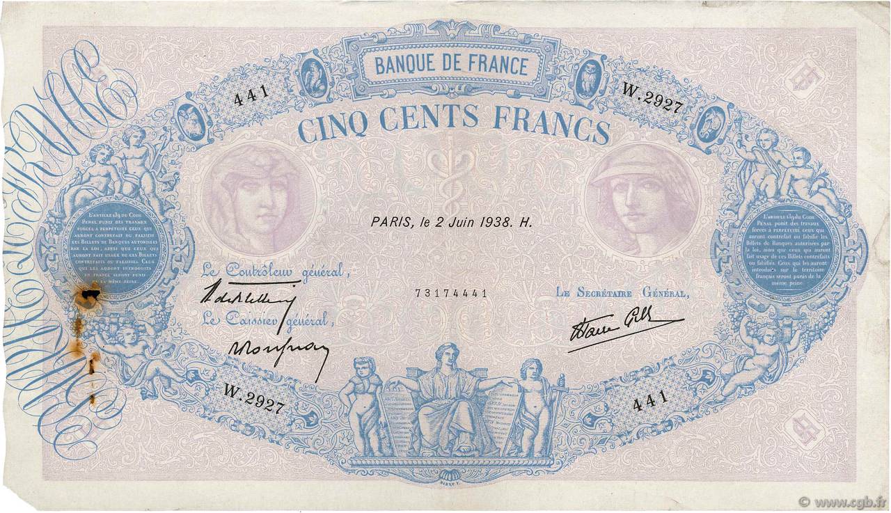 500 Francs BLEU ET ROSE modifié FRANCE 1938 F.31.13 TB