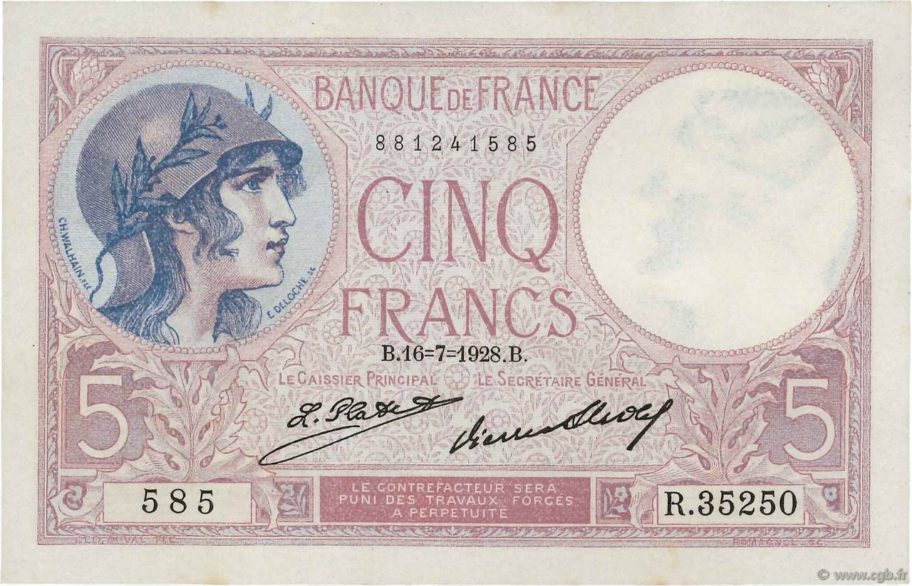 5 Francs FEMME CASQUÉE FRANCE 1928 F.03.12 pr.SPL