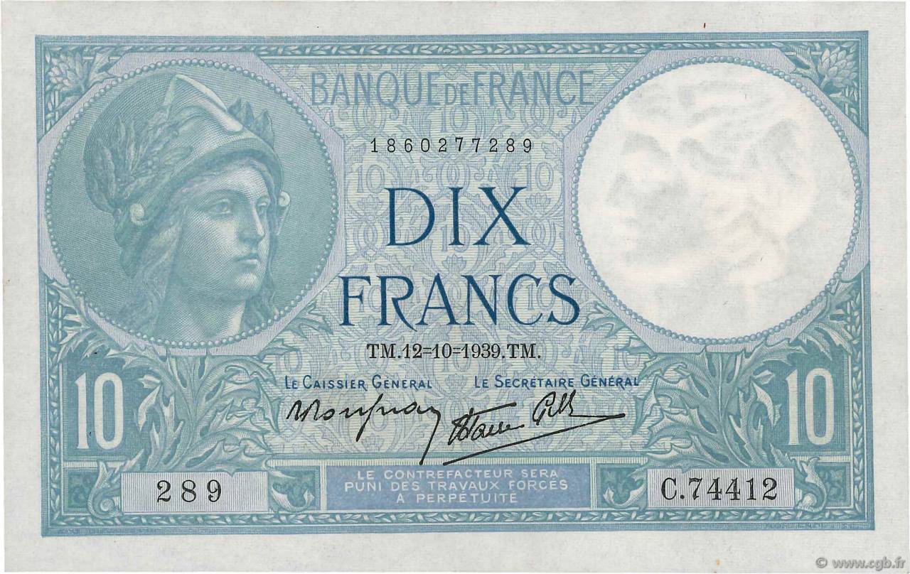 10 Francs MINERVE modifié FRANCE 1939 F.07.11 pr.SUP