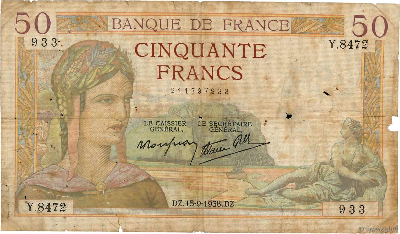 50 Francs CÉRÈS modifié FRANCE 1938 F.18.14 AB