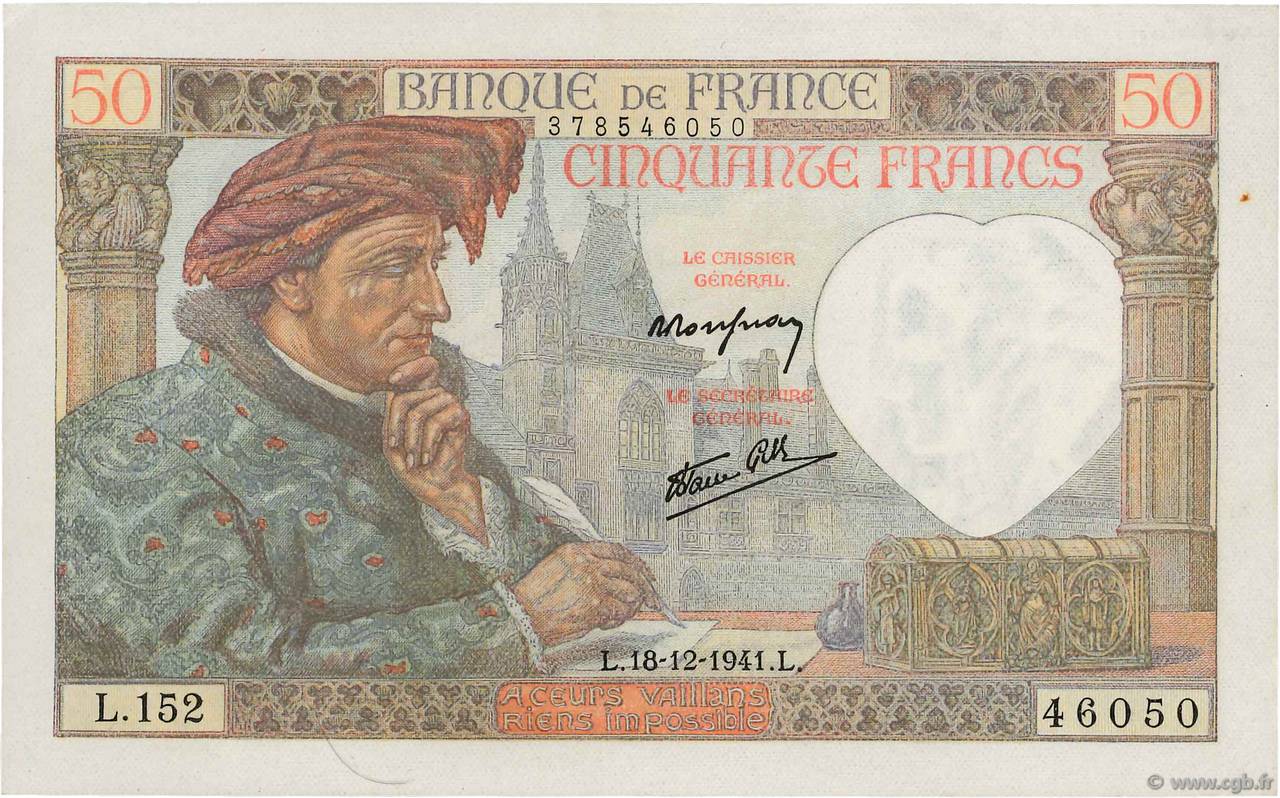 50 Francs JACQUES CŒUR FRANCE 1941 F.19.17 pr.NEUF