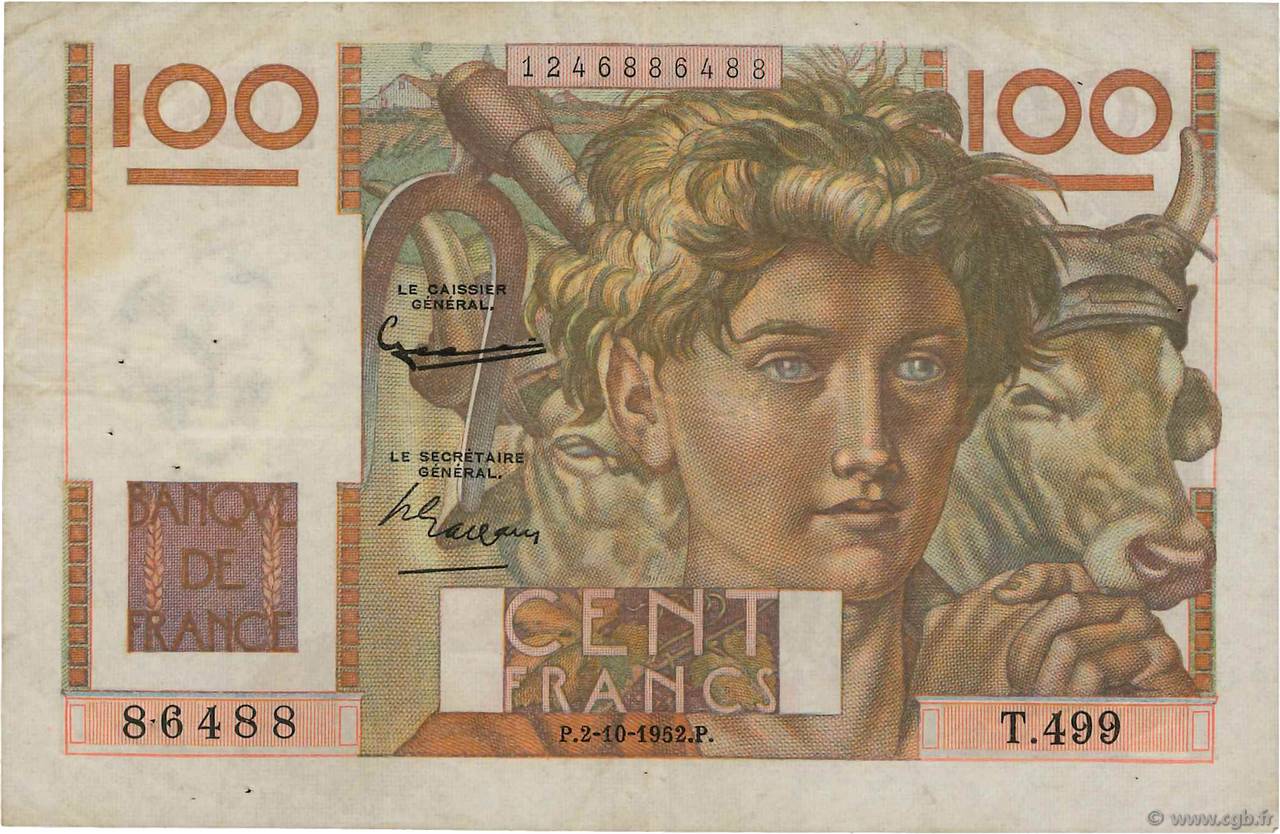 100 Francs JEUNE PAYSAN filigrane inversé FRANCE 1952 F.28bis.01 pr.TTB