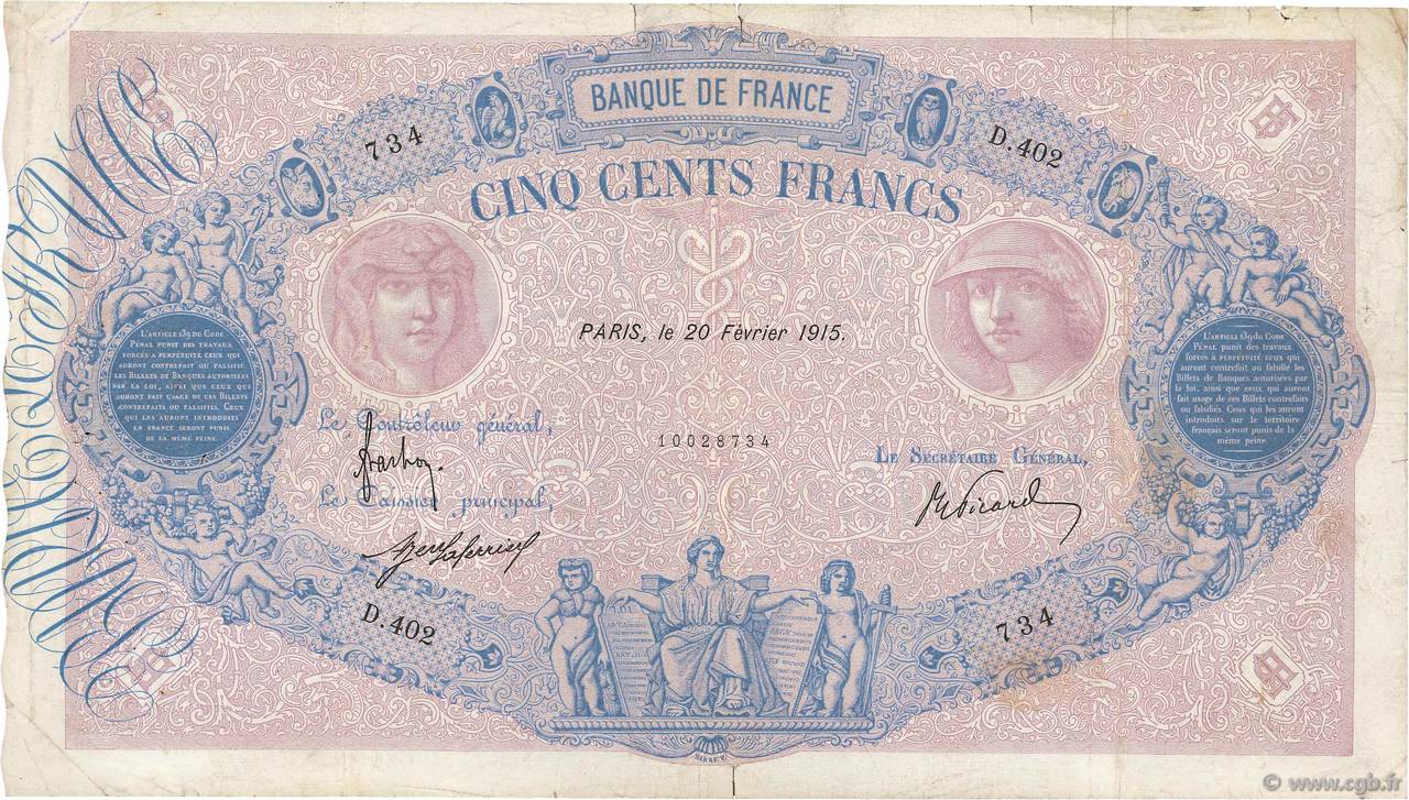 500 Francs BLEU ET ROSE FRANCE 1915 F.30.22 TB