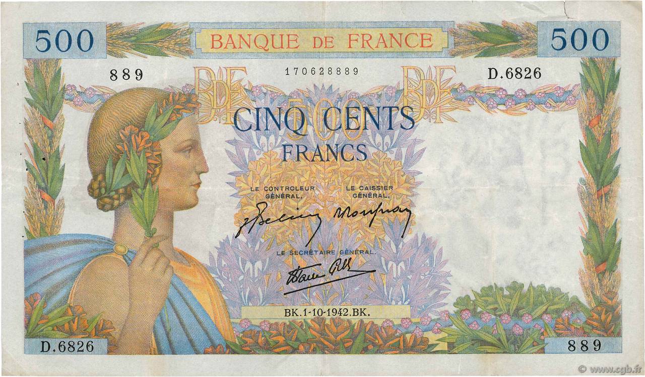 500 Francs LA PAIX FRANCE 1942 F.32.41 pr.TTB