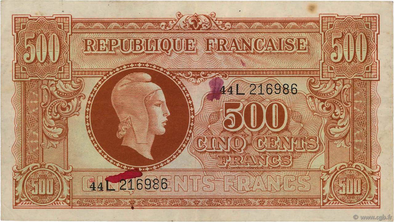 500 Francs MARIANNE fabrication anglaise FRANCE 1945 VF.11.01 TTB